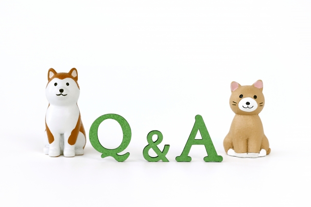 Ｑ＆Ａの文字と犬と猫の置物